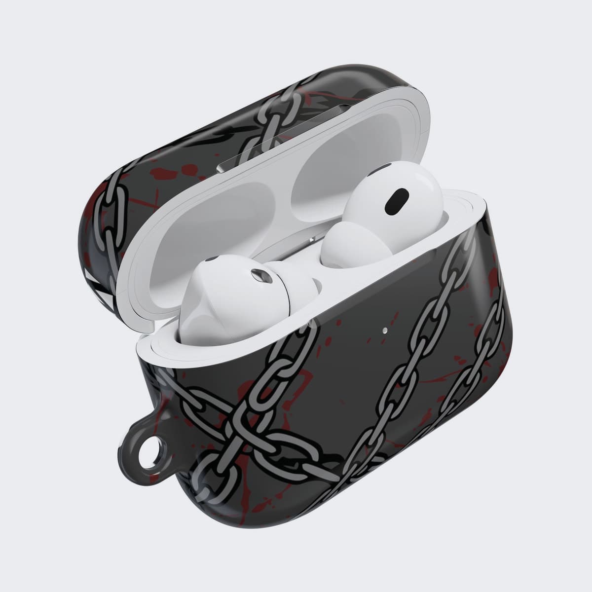 The Cursed Gaze Case for AirPods Pro 2, open, with the AirPods seated inside