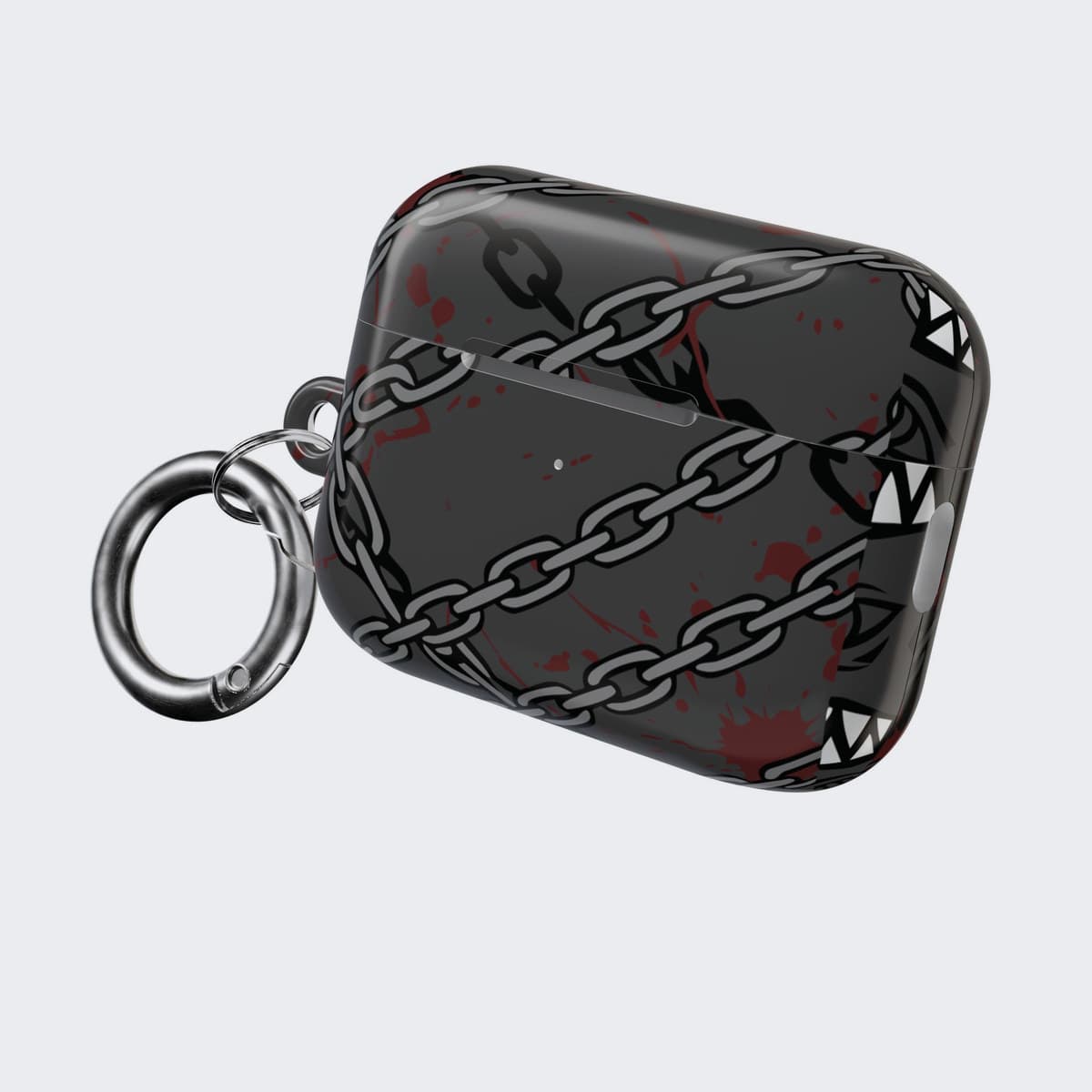 The Cursed Gaze Case for AirPods Pro 2, angled, with the stainless carabiner attached