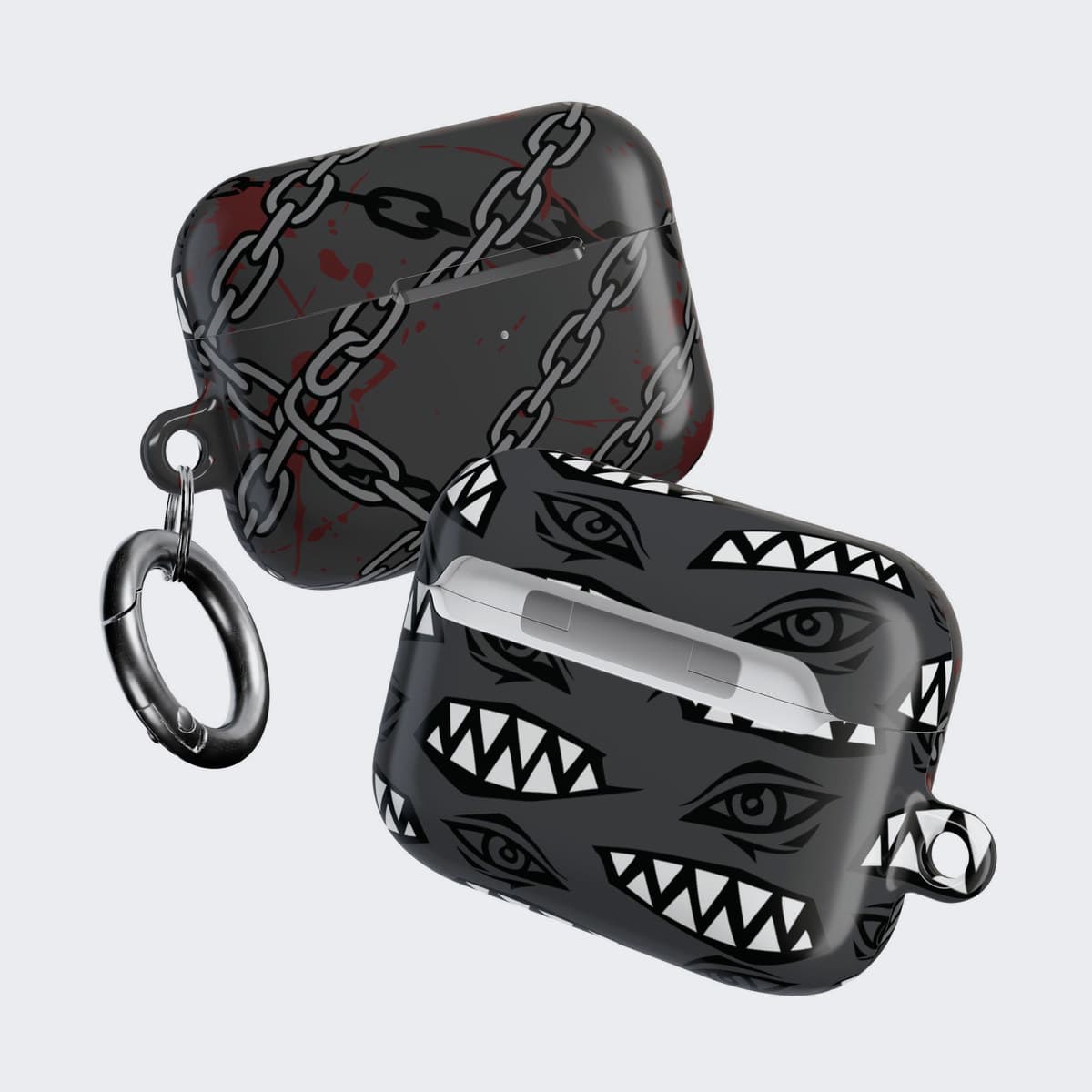 The Cursed Gaze Case for AirPods Pro 2, front and back together, with the carabiner
