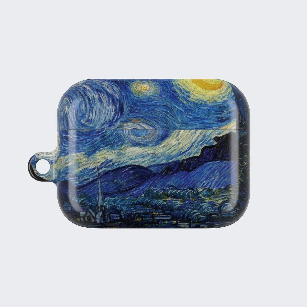 Starry Night AirPod Case for AirPods Pro 2, seen from the front, the dagger charm hanging from a chain