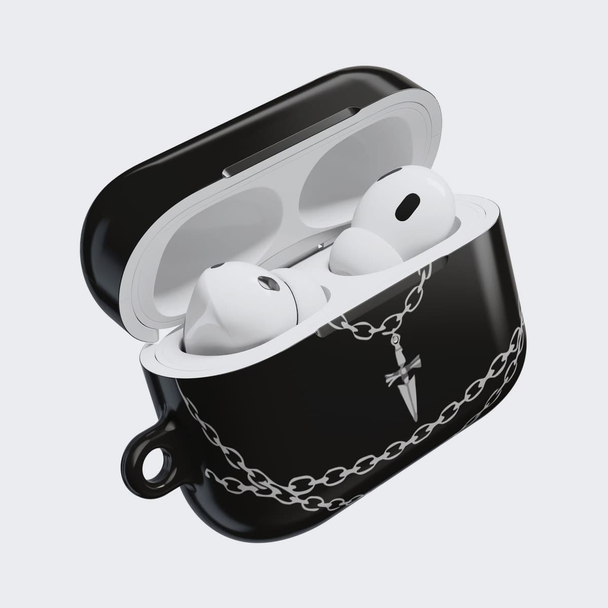 The Vengeance Chain Case for AirPods Pro 2, open, with the AirPods seated inside