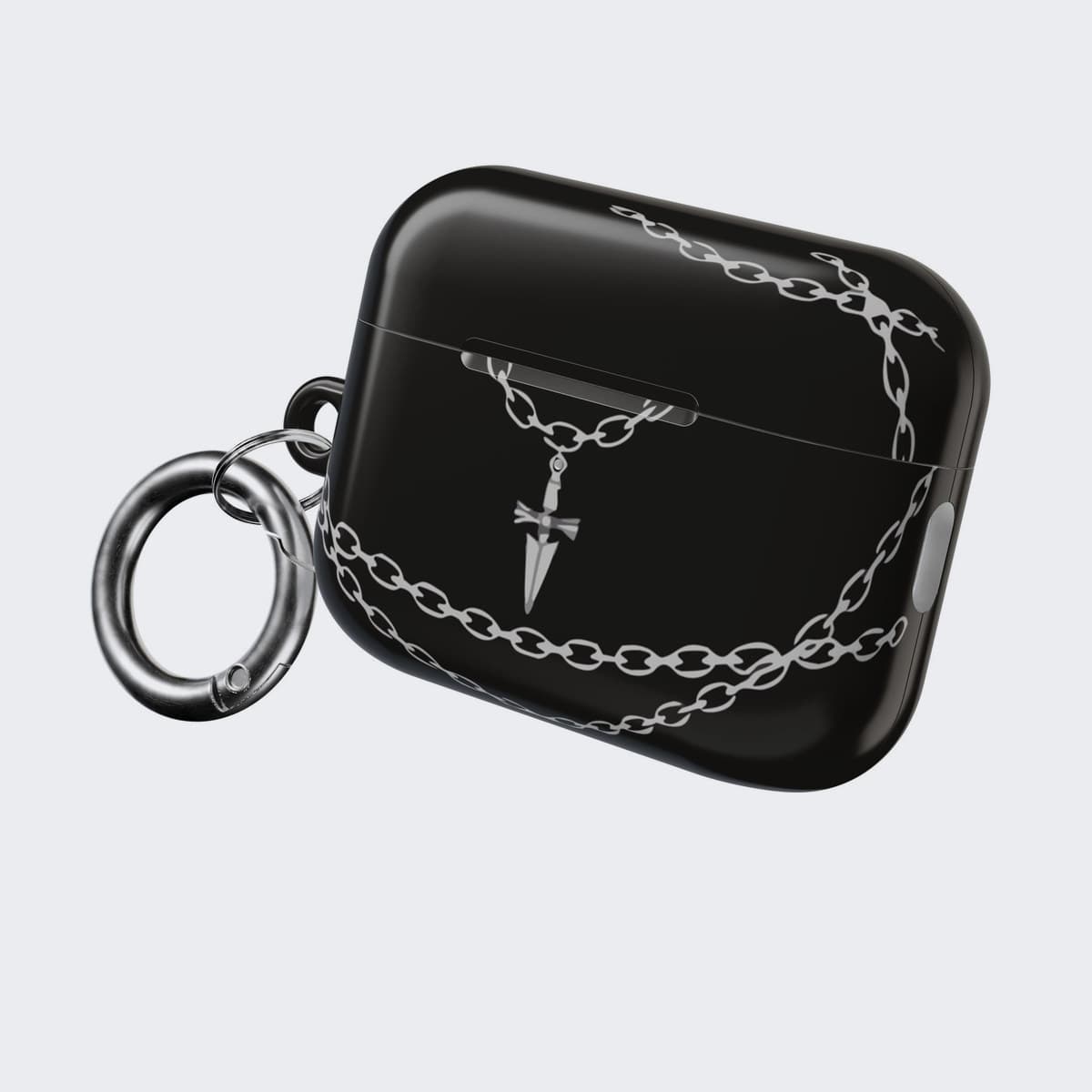 The Vengeance Chain Case for AirPods Pro 2, angled, with the stainless carabiner attached