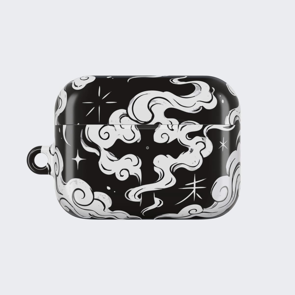 The White Ash Case for AirPods Pro 2, seen from the front, the dagger charm hanging from a chain